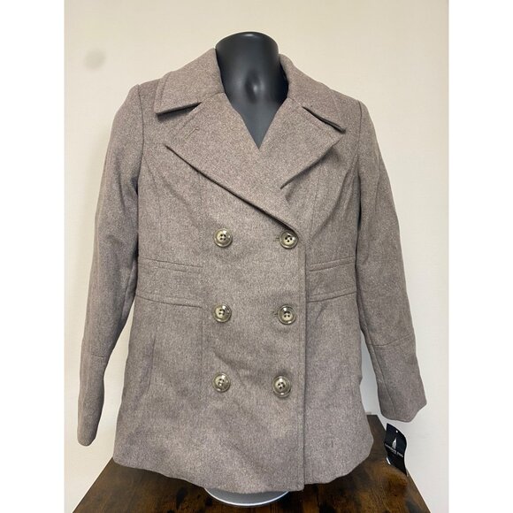 London Fog Women's Taupe Heather Double Breasted Peacoat Plaid Scarf Size PM NWT - Picture 1 of 7